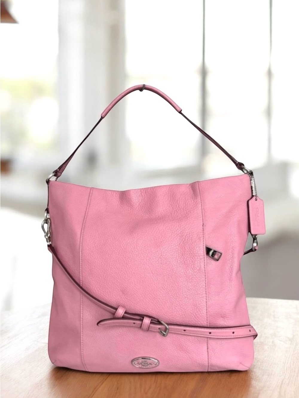 Coach Isabelle Pebbled Leather Large Shoulder Bag Light Pink Handle Bag